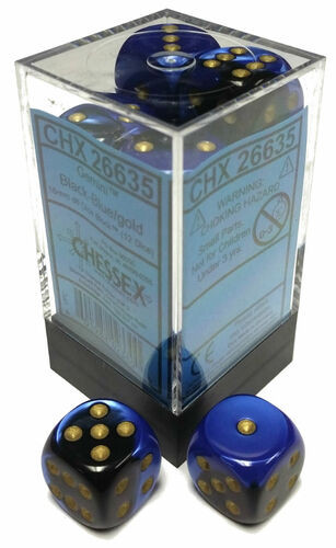 Chessex Dice: Gemini 3 - 16mm D6 Black Blue Gold/Black (12)