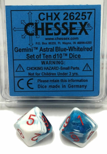 Chessex Dice: Gemini 7 - Polyhedral D10 Astral Blue/White/Red (10)