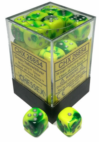 Chessex Dice: Gemini 6 - 12mm D6 Green Yellow/Silver (36)