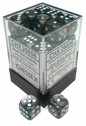 Chessex Dice: Gemini 6 - 12mm D6 Steel Teal/White (36)