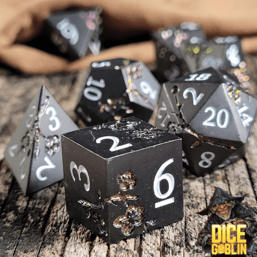 Forged Gaming: Dice Goblin Flowers Metal RPG Dice Set - Black with Glitter (7ct)