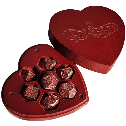 Forged Gaming: Heart Fate Set of 7 Heart-Shaped Metal RPG Dice and Heart Dice Box (Red)