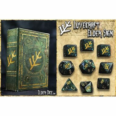 Elder Dice: Green Polyhedral Set- Lovecraft Elder Sign (9ct)