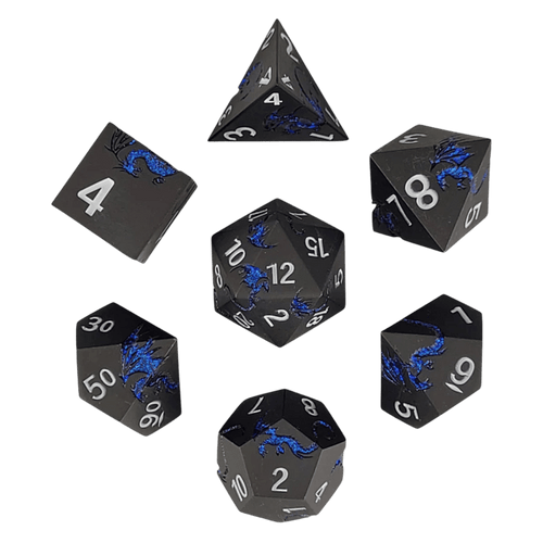 Forged Gaming: Dragons Flight Matte Gun Metal Blue Glitter - Polyhedral Metal Dice Set (7ct)