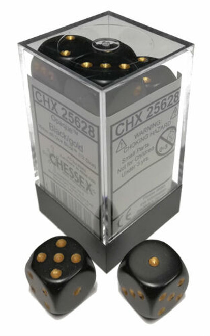 Chessex Dice: Opaque 16mm D6 Black/Gold (12)