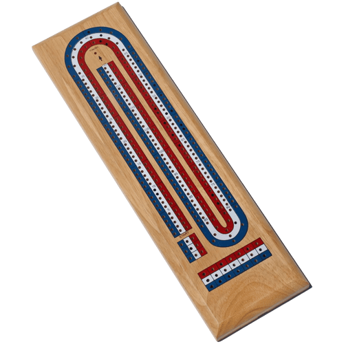WE Games Classic Cribbage Set - Solid Wood TriColor Continuous 3 Track Board with Metal Pegs - Red/White/Blue