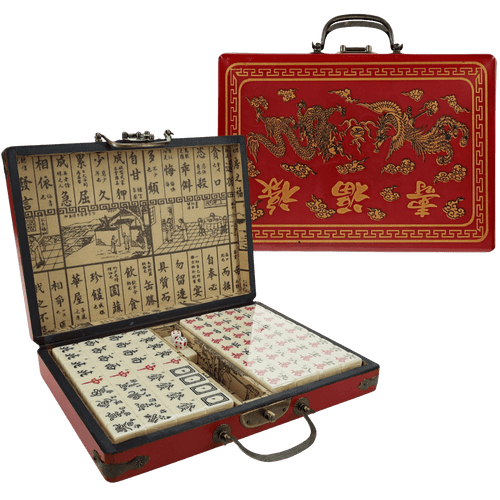 WE Games Traditional Chinese Mahjong Set Travel Size, Red Leatherette Travel Case with Ornate Dragon Design, 144 Tiles 24mm White Tiles