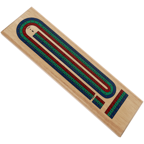 WE Games Classic Cribbage Set - Solid Wood TriColor Continuous 3 Track Board with Metal Pegs - Blue/Green/Red