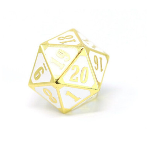 Roll Down 25mm D20 Counter - Shiny Gold & White