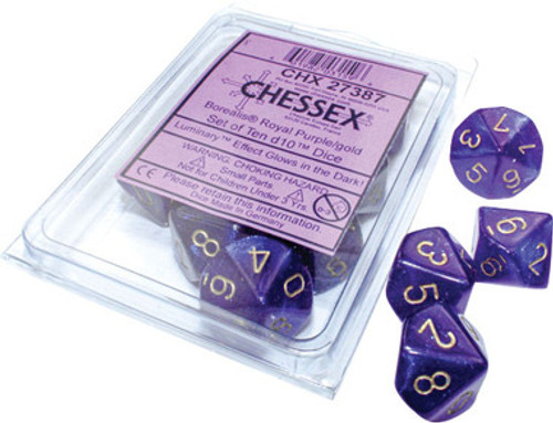 Chessex Dice: Borealis - Royal Purple/Gold Luminary (Set of Ten d10s)