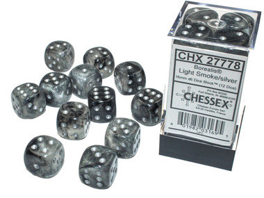 Chessex Dice: Borealis - 16mm d6 Smoke/Silver Luminary (12)