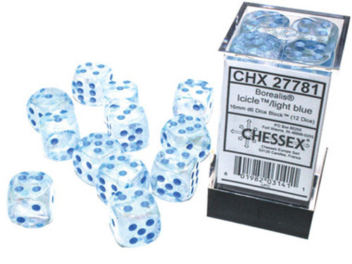 Chessex Dice: Borealis - 16mm d6 Icicle/Light Blue Luminary (12)