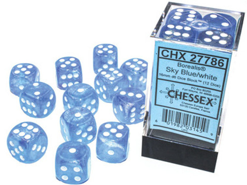 Chessex Dice: Borealis - 16mm d6 Sky Blue/White Luminary (12)