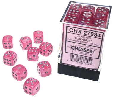 Chessex Dice: Borealis - 12mm d6 Pink/Silver Luminary (36)