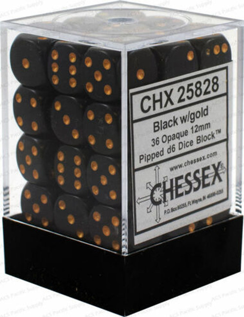 Chessex Dice: Opaque - 12mm D6 Black/Gold (36)