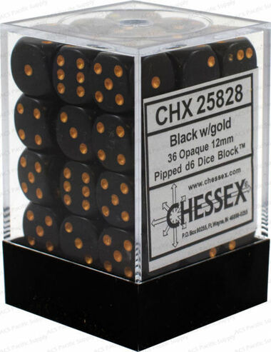 Chessex Dice: Opaque - 12mm D6 Black/Gold (36)