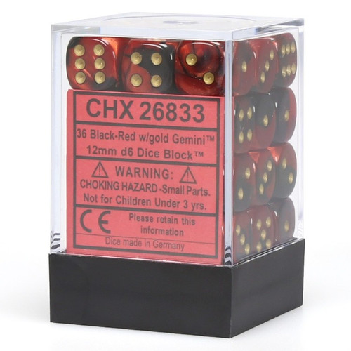 Chessex Dice: Gemini 3 - 12mm D6 Black Red Gold/Black (36)