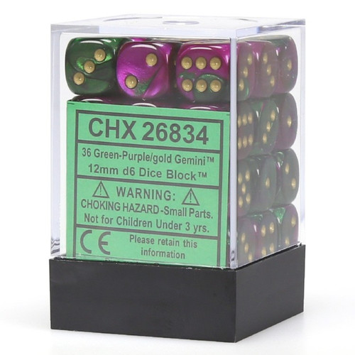 Chessex Dice: Gemini 3 - 12mm D6 Green Purple Gold/Black (36)