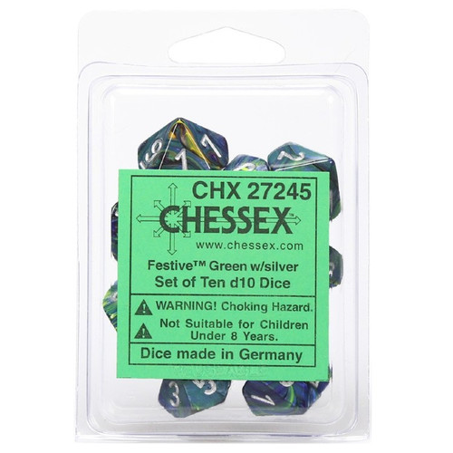 Chessex Dice: Festive - Poly D10 Green/Silver (10)