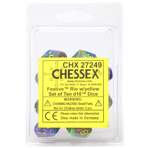 Chessex Dice: Dm8 - Poly D10 Festive Rio/Yellow (10)