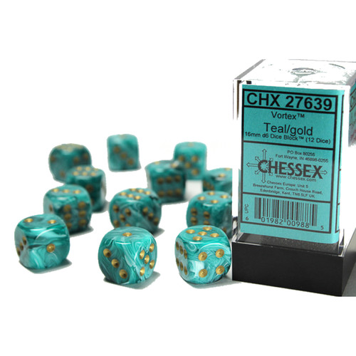 Chessex Dice: Vortex - 16mm D6 Teal/Gold (12)