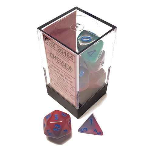 Chessex Dice: Polyhedral - Gemini - Gel Green-Pink/Blue - Luminary (Glow-in-the-dark) (7)