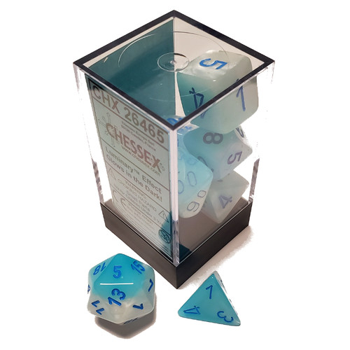 Chessex Dice: Polyhedral - Gemini - Pearl Turquoise-White/Blue - Luminary (Glow-in-the-dark) (7)