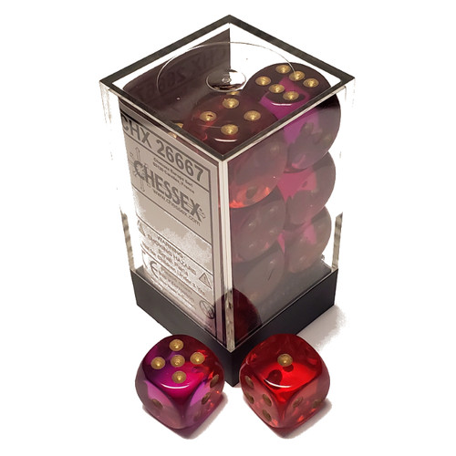 Chessex Dice: 16mm D6 - Gemini - Translucent Red-Violet/Gold (12)