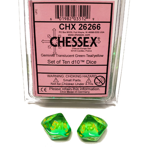 Chessex Dice: D10 - Gemini - Translucent Green-Teal/Yellow (10)