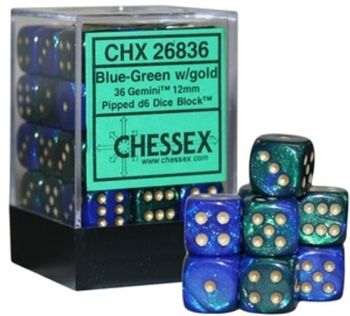 Chessex Dice: Gemini 3 - 12mm D6 Blue Green/Gold (36)