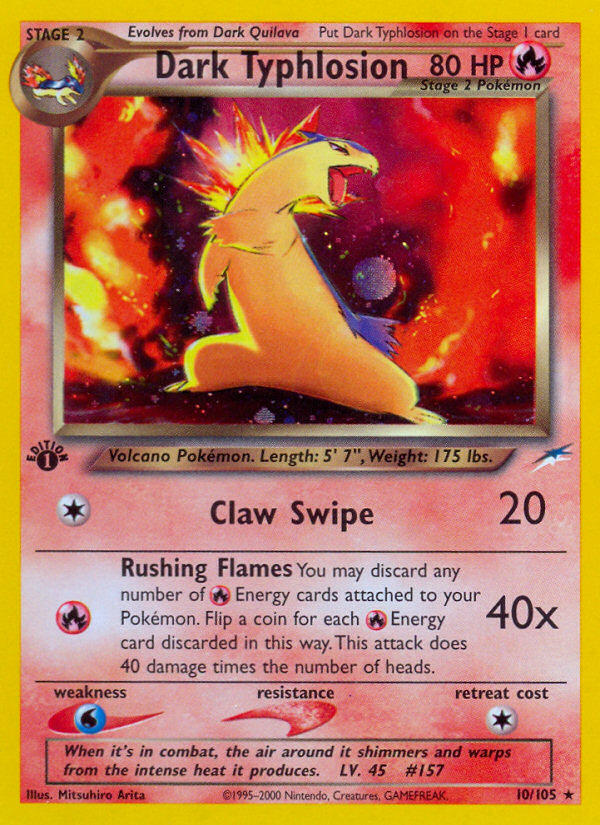 dark typhlosion pokemon card value RarityPromo Hit Points150 HP Fire Massive Eruption (80x) Discard the top 5 cards of your deck Dark Typhlosion 10/105 Price 2026