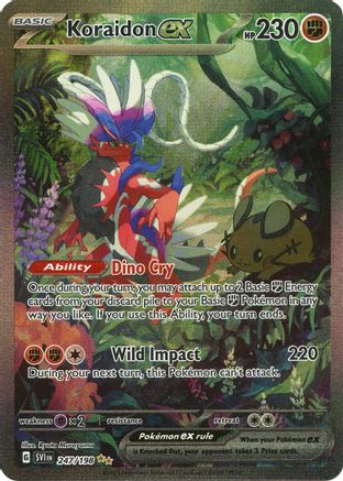which pokemon set has 198 cards Mabosstiff - 218/198 - SV01: Scarlet & Violet Base Psychic / 250 / Stage 1 Attack 1 Koraidon ex - 247/198 247