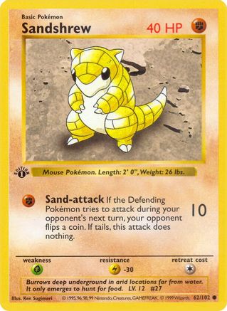 Sandshrew 62 - Base Set Shadowless 1st Edition - Game Nerdz Sandshrew 62 - Base Set Shadowless 1st Edition - Game Nerdz