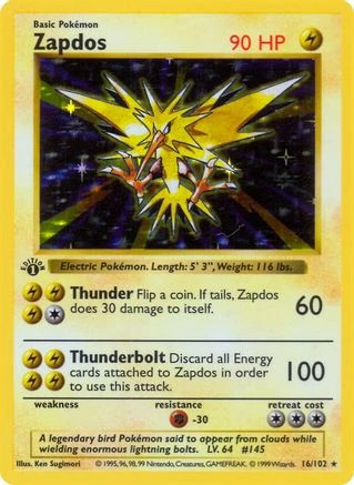 Zapdos 16 - Base Set Shadowless 1st Edition Holofoil - Game Nerdz
