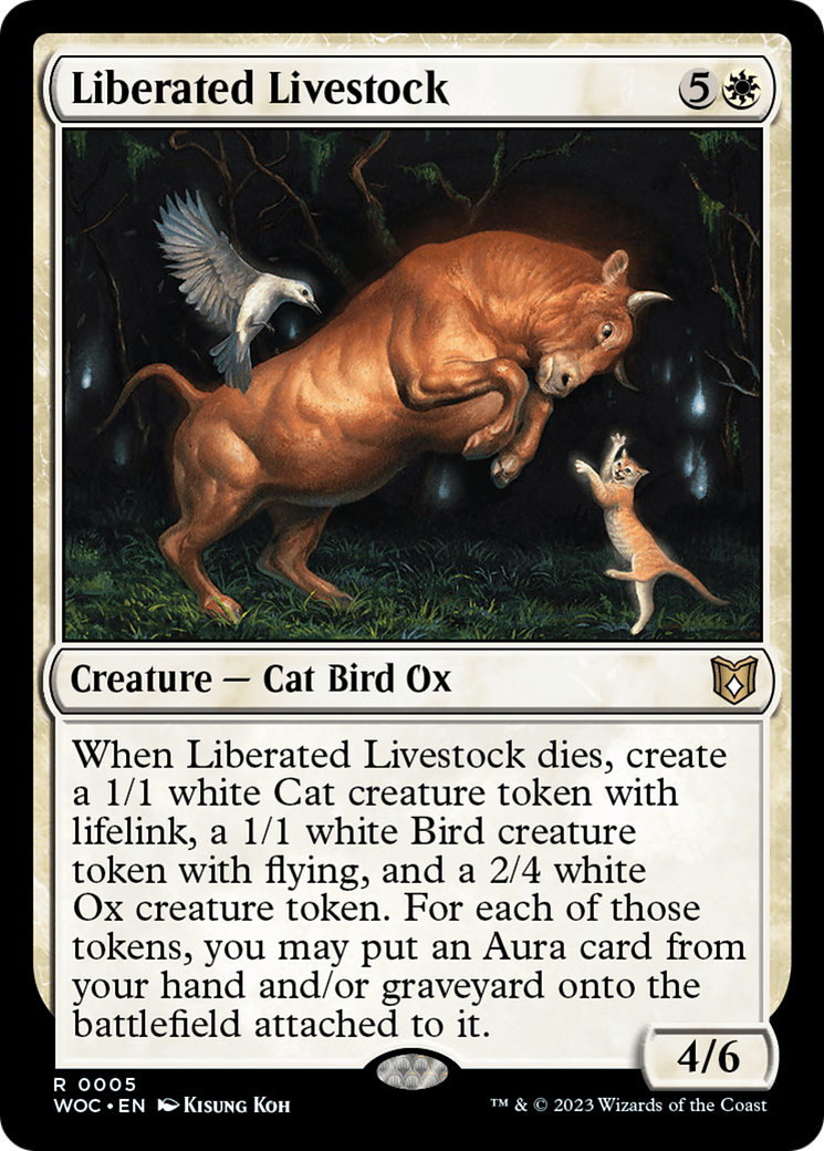 white cat cards mtg Liberated Livestock (WOC-005) - Wilds of Eldraine Commander Common Lifelink Alchemy Mono White Cats -
