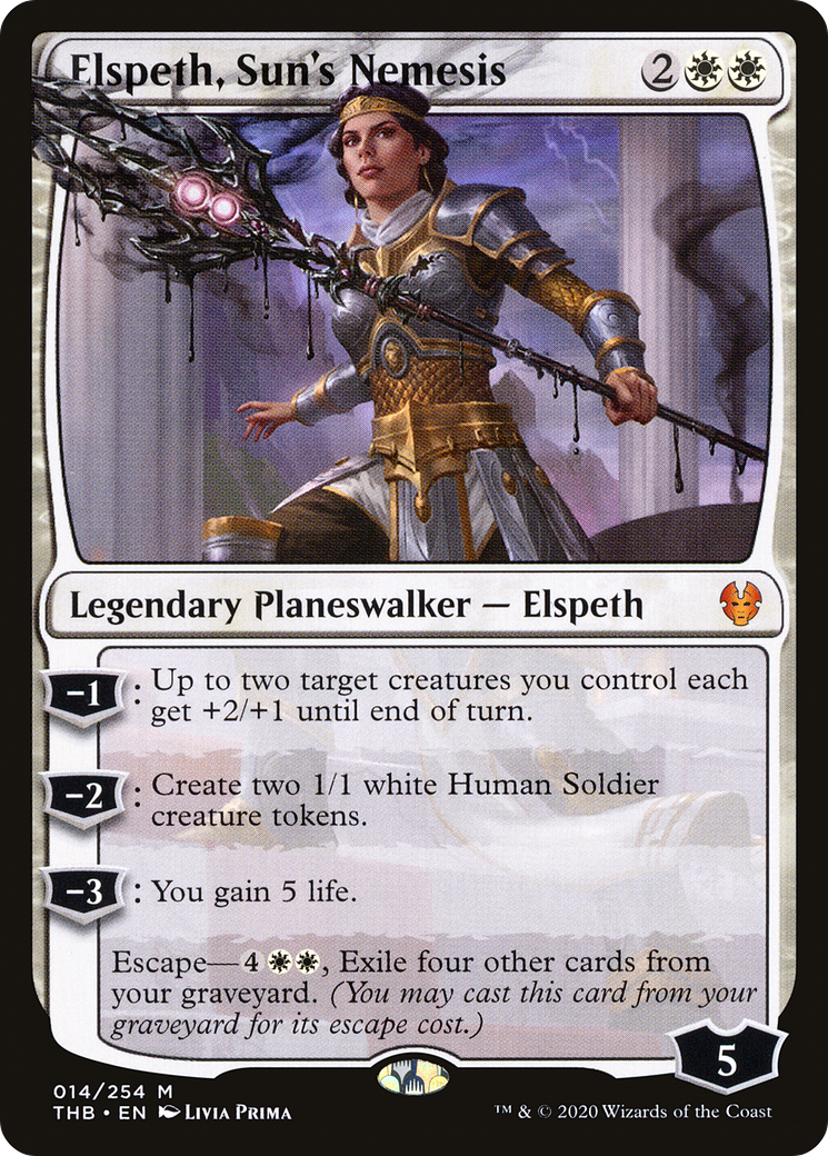 elspeth cards mtg Magic The Gathering - Bloomburrow Commander You may put a permanent card with mana value 3 or less from among them onto the battlefield with a shield counter on it Elspeth, Type: Planeswalker, 13 cards