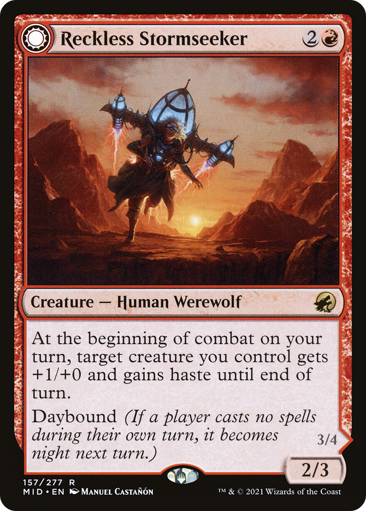 Reckless Stormseeker // Storm-Charged Slasher (MID-157) - Innistrad: Midnight Hunt: (Double Faced Transform) Foil - Game Nerdz Reckless Stormseeker // Storm-Charged Slasher (MID-157) - Innistrad: Midnight Hunt: (Double Faced Transform) Foil - Game Nerdz