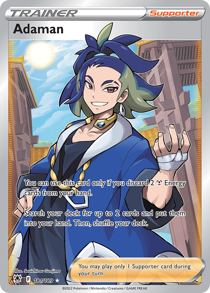 adaman pokemon card rainbow Adamantin (Adaman) 199/189 Shiny trainer - Ultraboost X Epée et Bouclier 10 Astres Radieux You can use this card only if you discard 2 Energy from your hand.Search your deck up to 2 cards and put them into your hand Adaman Full Art - 181/189