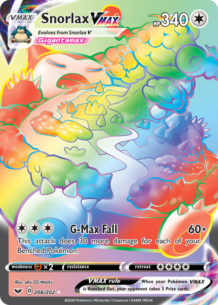 snorlax vmax pokemon card price Sword & Shield Base 206/202 Rainbow Rare Max Fall (60+) This attack does 30 more damage for each of your Benched Pokémon Snorlax Vmax #142 Prices |