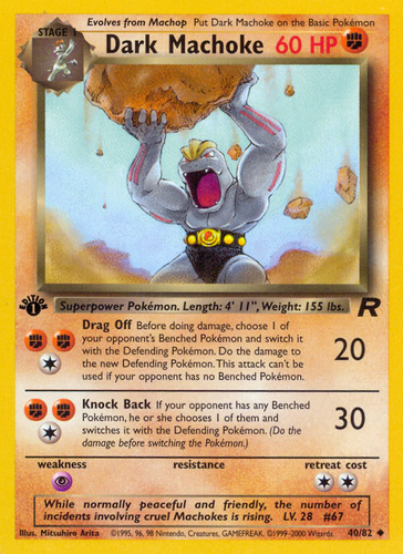 dark machoke pokemon card CGC 9 1ST ED TEAM ROCKET Colorless Drag Off (20) Before doing damage DARK MACHOKE 40/82 Unlimited Team