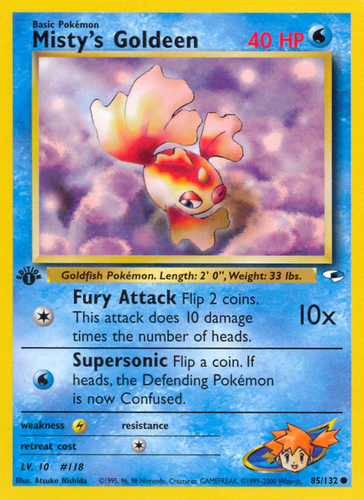 misty's goldeen pokemon card (85/132) [Gym Heroes 1st Edition] Colorless Artist Rare Misty's Goldeen Pokémon card