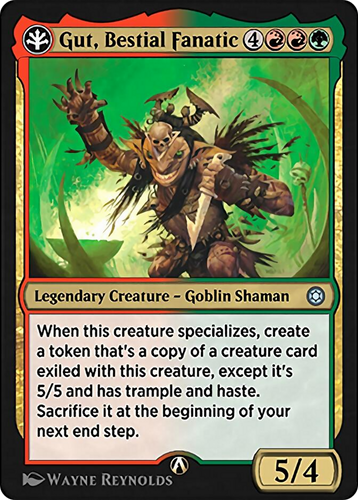 gut mtg card Gut, Zelote Alma Verdadeira - Commander Legends: Battle for Baldur's Gate #180 (Portugus) create a 4/1 black Skeleton creature token with menace thats tapped and attacking Gut, True Soul Zealot