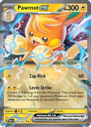 pokemon card obsidian flames Pawmot ex 73 - SV03 Holofoil The information below is an overview of the entire Scarlet Pokémon TCG: Scarlet & Violet-Obsidian