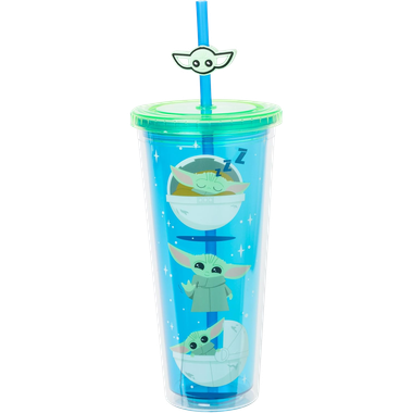 Star Wars: Mandalorian Yoda Nom - Plastic Cold Cup w/Reusable Straw & Lid (24oz)、Silver Buffalo、kayou