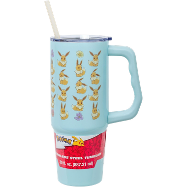 Pokemon: Flower Cafe Eevee - Stainless Steel Tumbler w/ Handle & Reusable Straw (30oz)、Silver Buffalo、kayou