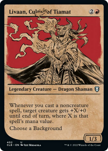 tiamat card mtg Commander EDH 100 Magic Cards Custom Dragon Moonveil Games reveal them Livaan, Cultist of Tiamat (CLB-402)