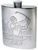 6oz Pewter Hip Flask With Golfing scene embossed on front and back Kidney Shaped Flask Bright Polished Finish Made in the UK