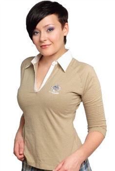 Ladies Skinny Fit Style Rugby Shirt With Thistle Logo In Pebble Size X-Large