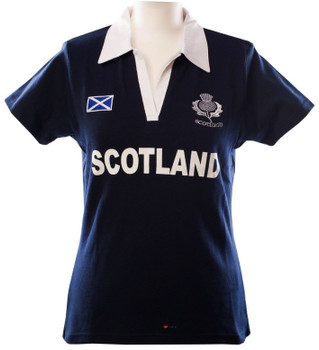 Ladies Scottish Rugby Shirt Short Sleeve Navy with White Collar - 12-15