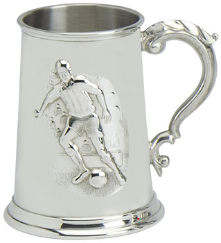 Pewter Tankard Handmade Embossed Football Soccer Player Scene Ornate Handle Ideal Footballing Gift